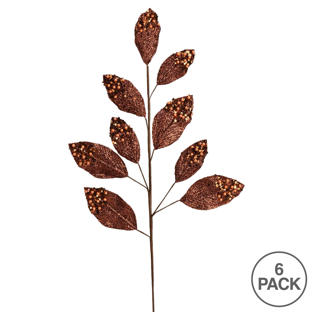 Vickerman 29" Mocha Glitter Leaf Artificial Christmas Spray. Includes 6 sprays per pack.