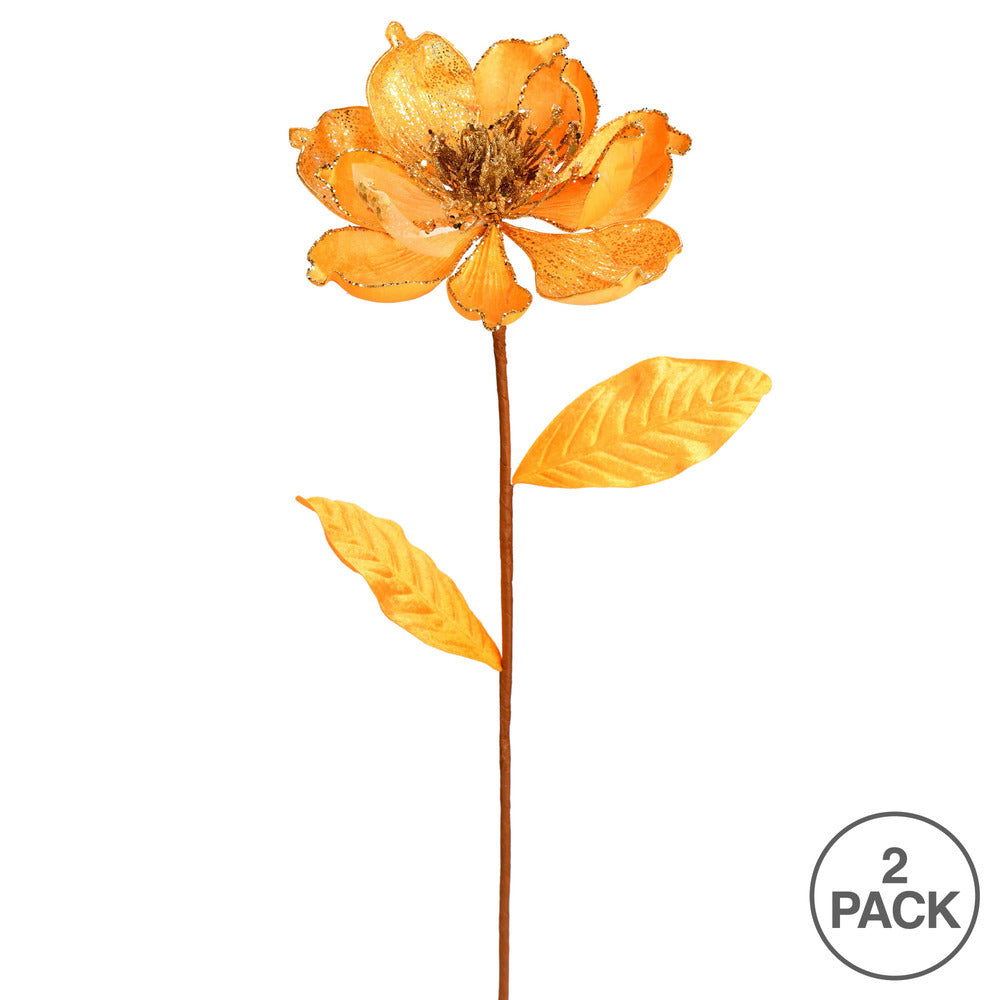 Vickerman 30" Gold Glitter Magnolia Artificial Christmas Spray. Includes 2 sprays per pack.