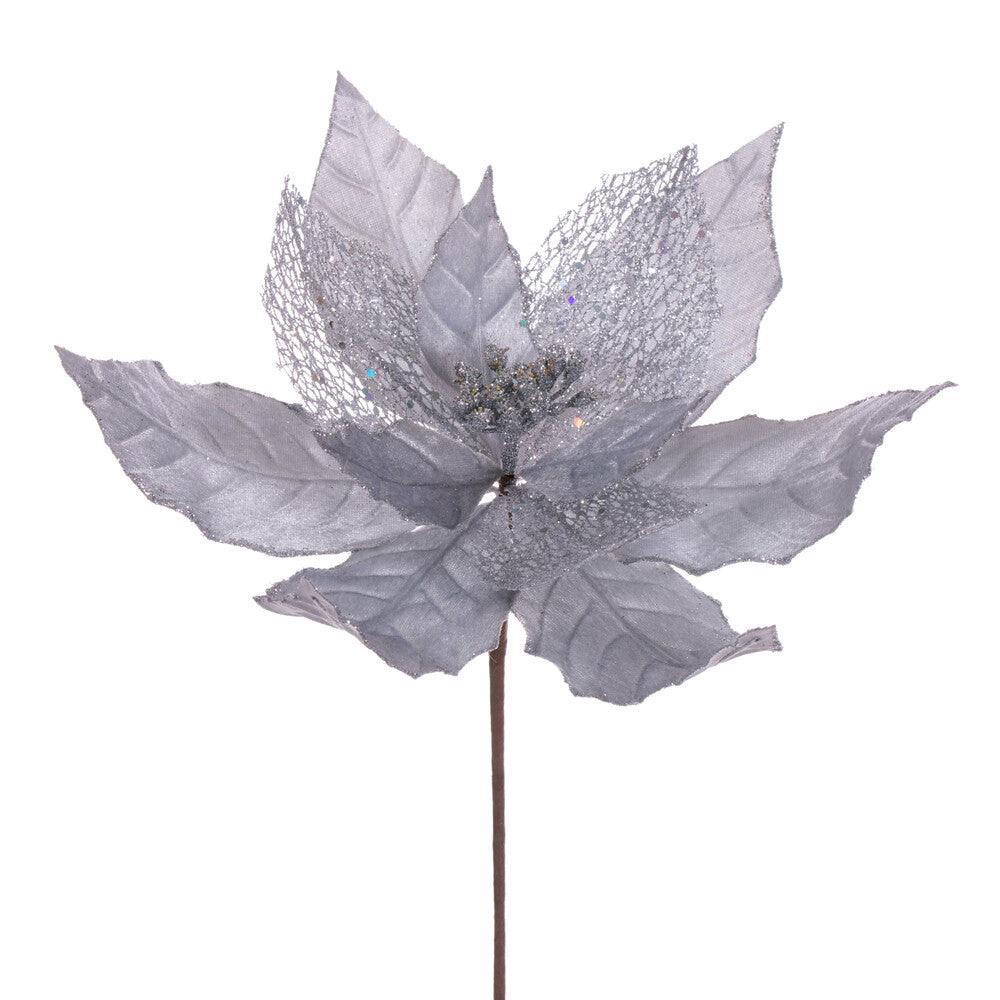 Vickerman 11" Silver Velvet and Glitter Mesh Poinsettia Flower on Stem 6 per bag.