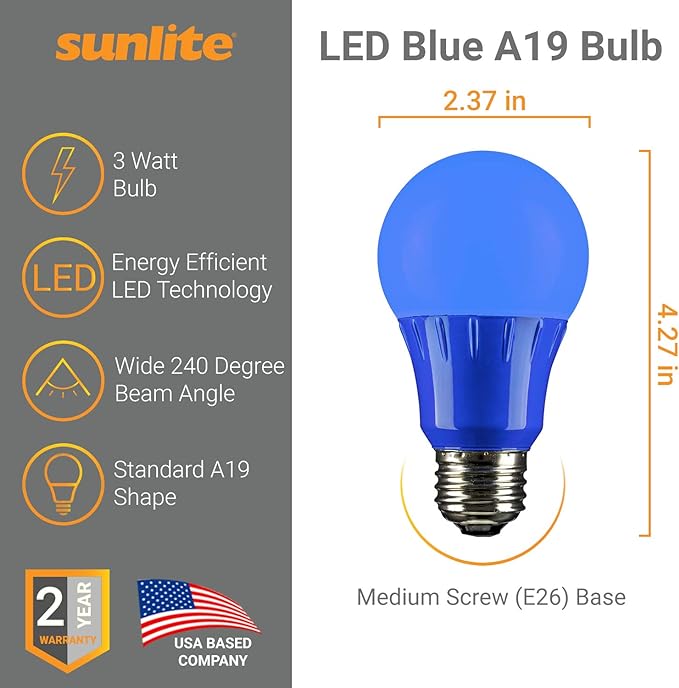 Sunlite 40468 A19/3W/B/LED/6PK LED Colored A19 3W Light Bulbs with Medium (E26) Base (6 Pack), Blue