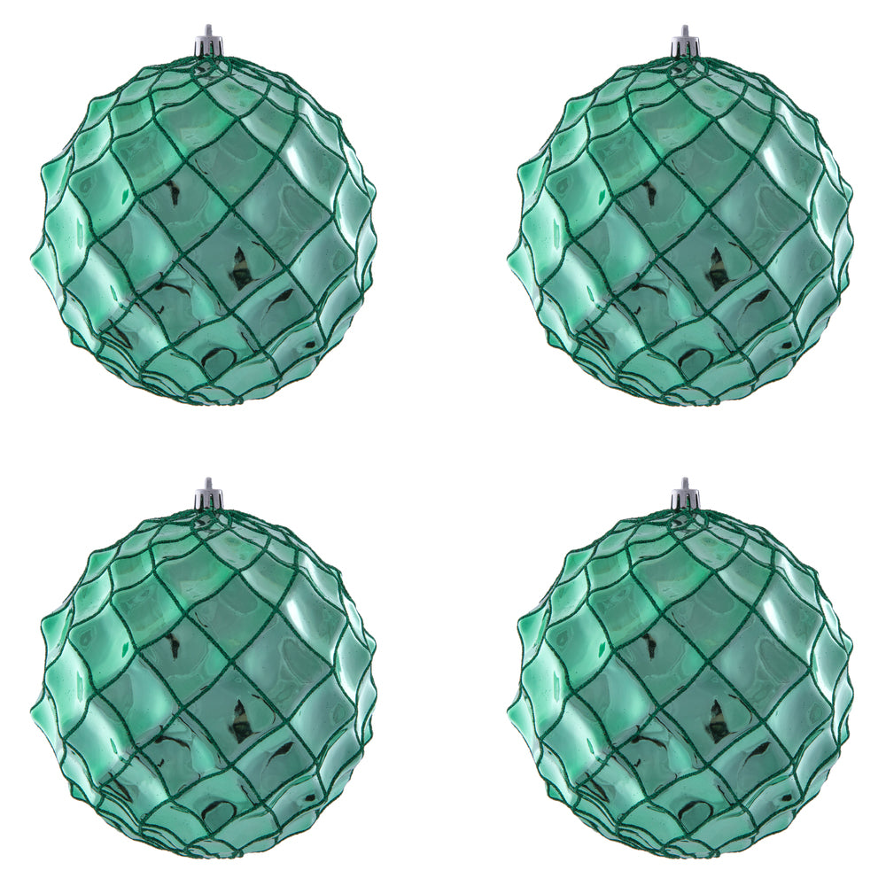 Vickerman 6" Seafoam Green Shiny Form Ball Drilled Wired 4/Bag. Add texture and shimmer to your holiday decorating projects with this geometric shaped ball. It features glitter accents along the edges of the geometric pattern. This ornament contains a dri