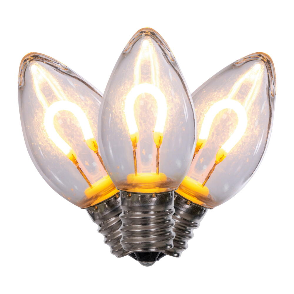 Vickerman C7 Transparent U-Shaped Filament Warm White Bulb, E12 Base, .6 Watts, 25 Pcs Assorted/Bag. Colors included are Blue, Red, Green, Purple and Amber.