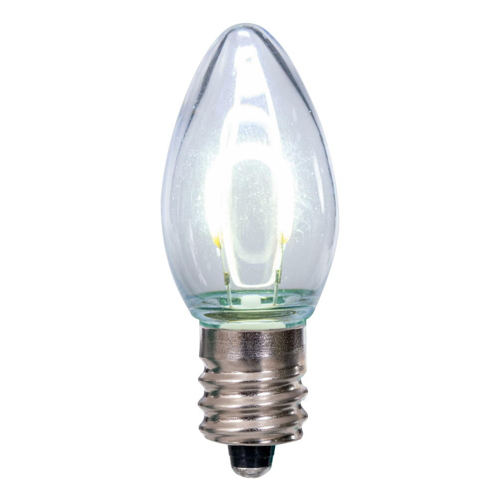 Vickerman C7 Transparent U-Shaped Filament Pure White Bulb, E12 Base, .6 Watts, 25 Pcs Assorted/Bag. Colors included are Blue, Red, Green, Purple and Amber.