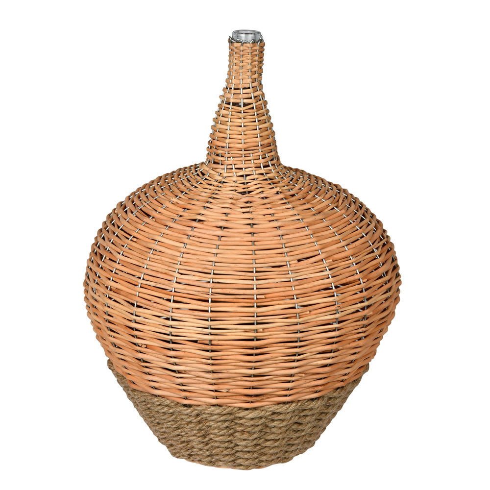 Vickerman 21" Glass Jar with Woven Willow Sleeve. This glass jar is wrapped in woven willow which gives it the appearance of a basket. This glass jar is made with thick and sturdy glass. It is the perfect height to make this item a floor piece or incorpor