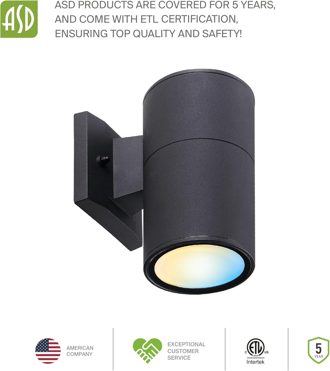 ASD Lighting LED Outdoor Wall Cylinder Round Up or Down 9W 120V 3000/4000/5000K with Photocell Black ETL