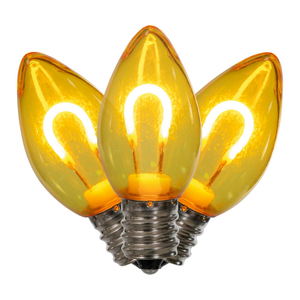 Vickerman C7 Transparent U-Shaped Filament Yellow Bulb, E12 Base, .6 Watts, 25 Pcs Assorted/Bag. Colors included are Blue, Red, Green, Purple and Amber.