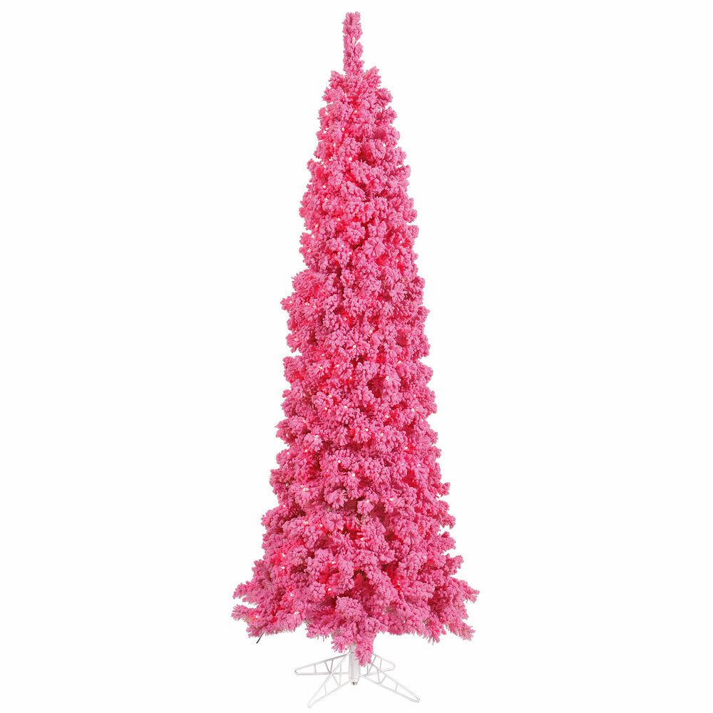 Vickerman 9' Flocked Pink Slim Fir Artificial Christmas Tree Pink Dura-lit LED Lights