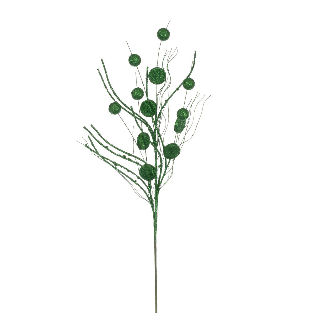 Vickerman 33" Green Ball and Coin Glitter Twig Spray 6 per bag.