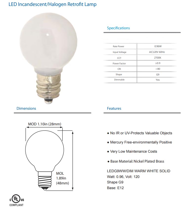 Damar- G9 LED Bulb Solid White Dimmable 0.6W-0.96W E12 Candelabra Base 3000K Soft White 100-130V UL Listed Pack of 6- Small Home Lighting for Chandelier Wall Sconce Pendant Bathroom Vanity