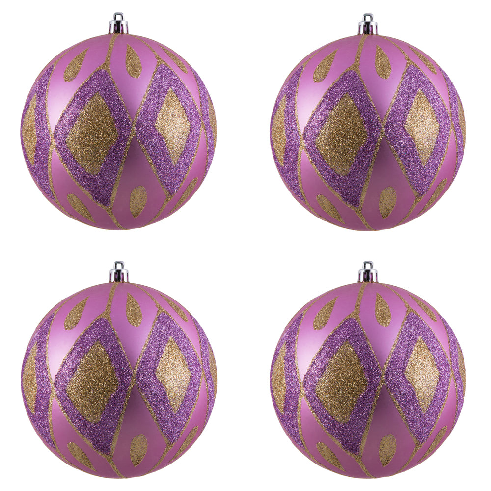 Vickerman 4.75" Orchid Matte Ball with Glitter Diamond Pattern. Add variety and sparkle to your holiday arrangement with this matte ornament that features a glitter pattern. Includes 4 pieces per bag. Made with shatterproof plastic. Ornament has a drilled
