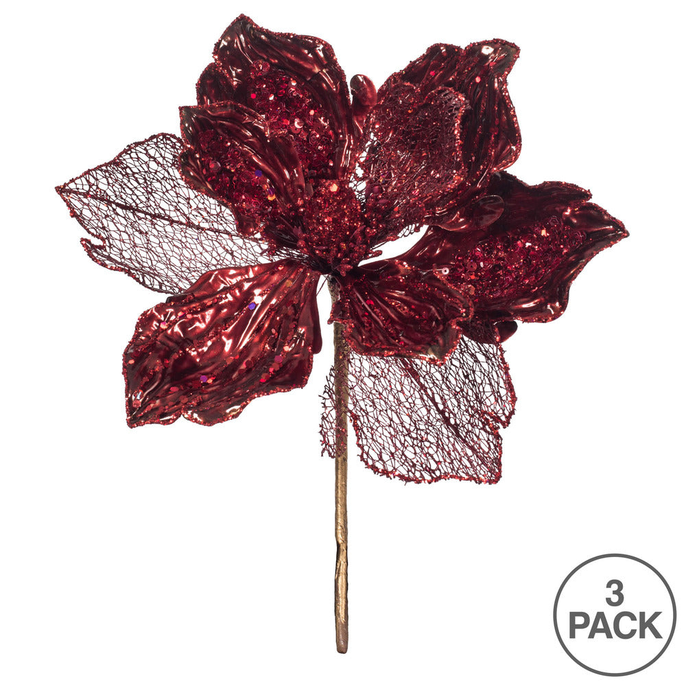 Vickerman 14" Burgundy Pearl Glitter Magnolia Artificial Christmas Stem 3 per Bag