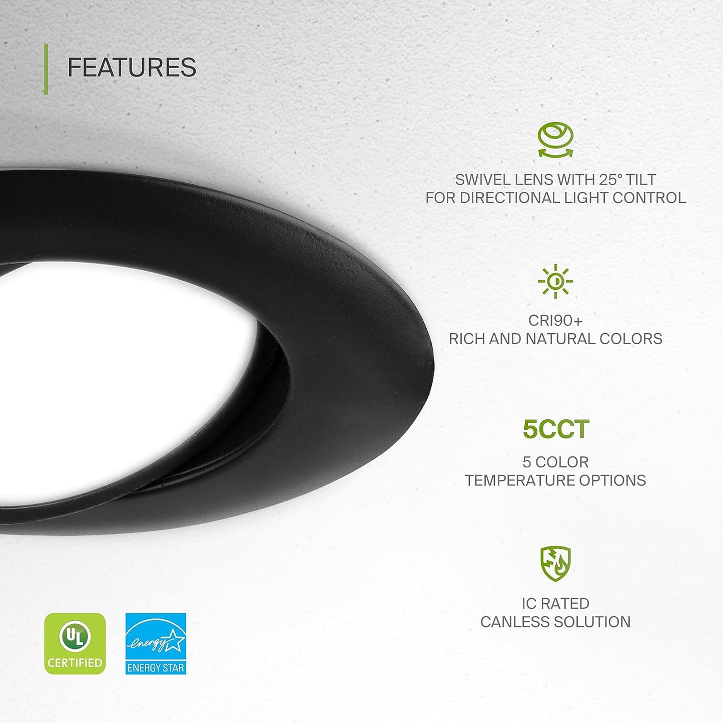 ASD Lighting LED Round Recessed Mini Panel Gimbal Airtight 6" 15W 120V Dimmable CCT Selectable 2700/3000/3500/4000/5000K Black UL 6pack