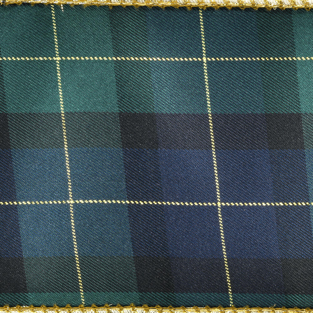 Vickerman 4 x 10 Yards Green Plaid Checks Double Fused Metallic Dupioni Ribbon.