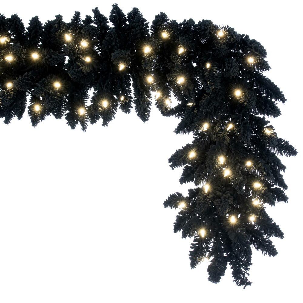 Vickerman 9' x 14" Flocked Black Fir Pre-Lit Garland Dura-Lit® Warm White LED Mini Lights.