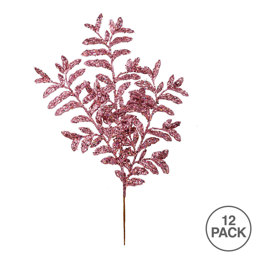 Vickerman 22" Pink Bipinnate Glitter Leaf Artificial Christmas Spray. Includes 12 sprays per pack.