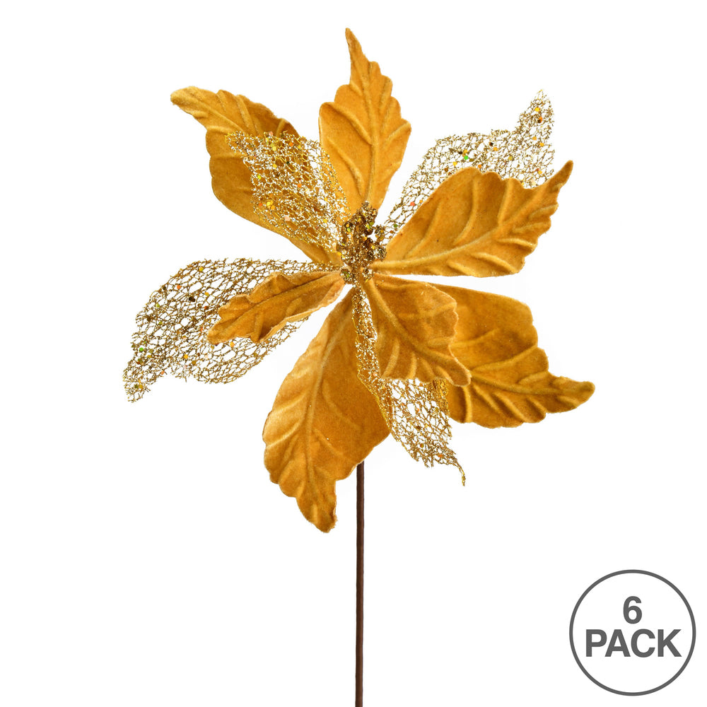 Vickerman 12" x 20" Gold Velvet Poinsettia Mesh Artificial Christmas Spray. Includes 6 sprays per pack.