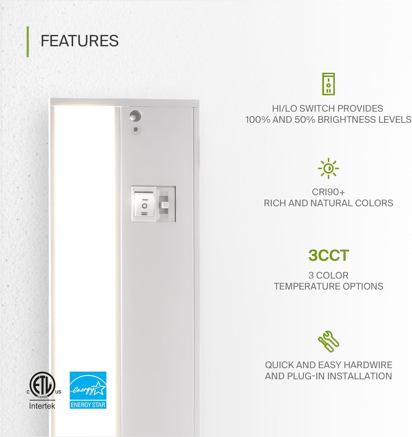 ASD Lighting LED Under Cabinet Linear 12" 5W 120V Dimmable CCT Selectable 2700/3000/4000K Hardwired or Plug-in, Linkable, Hi/Low Switch, White UL