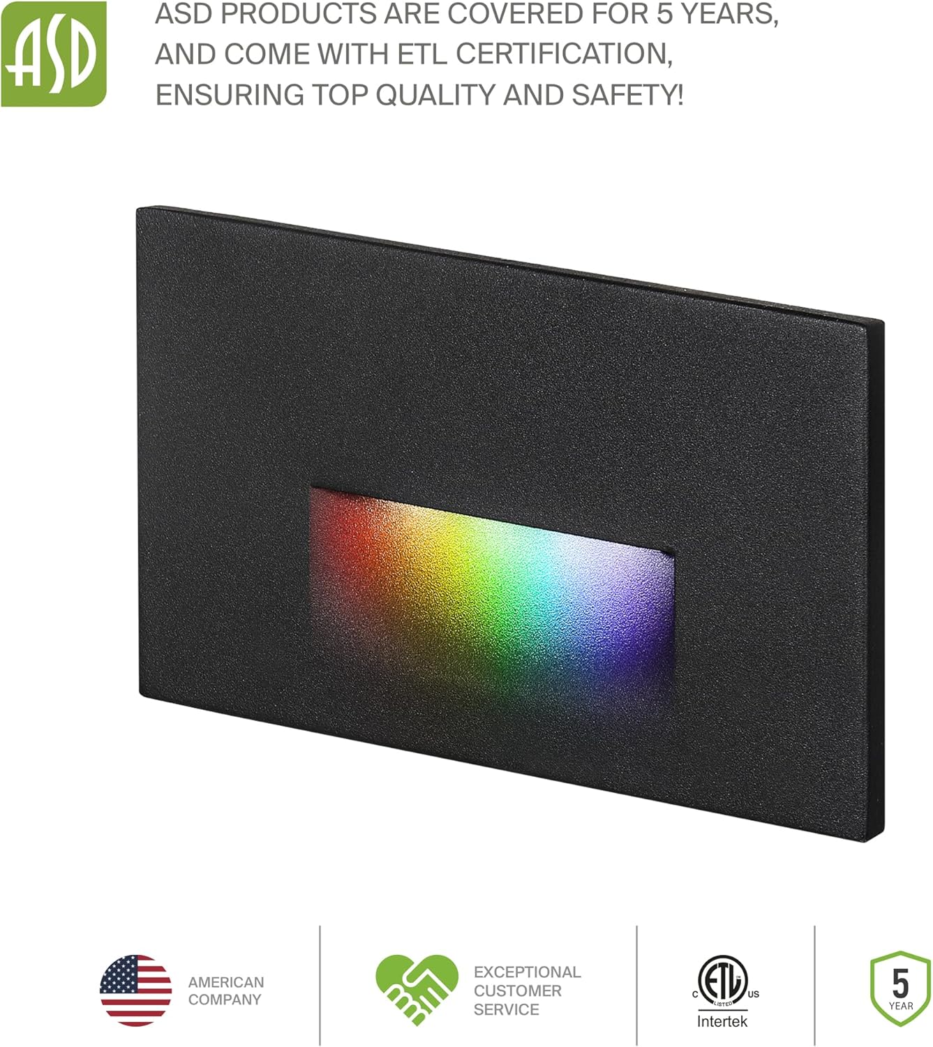 ASD Lighting LED Step Light Horizontal 3W 120V RGBW SMART CCT Selectable 2700-6500K-RGB Dimmable with Smart Hub Black ETL 6pack