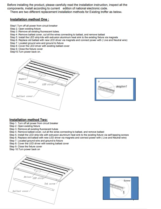 Damar- 4Ft Magnetic LED Troffer Retrofit Kit 40W 5200 Lumens 4000K Cool White Dimmable 110? Beam Angle 100-277V Pack of 2- Fluorescent Replacement Panel Strip Light Easy Install No Tools Required