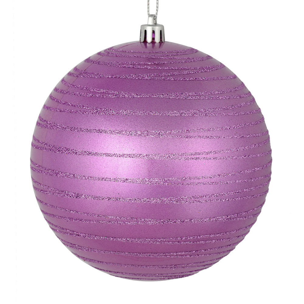 Vickerman 3" Orchid Candy Finish Ball with Glitter Lines. Add some sparkle to your holiday decorating project with this candy finish ornament that features a glitter line pattern. Includes 6 pieces per bag. Made with shatterproof plastic. Ornament has a d
