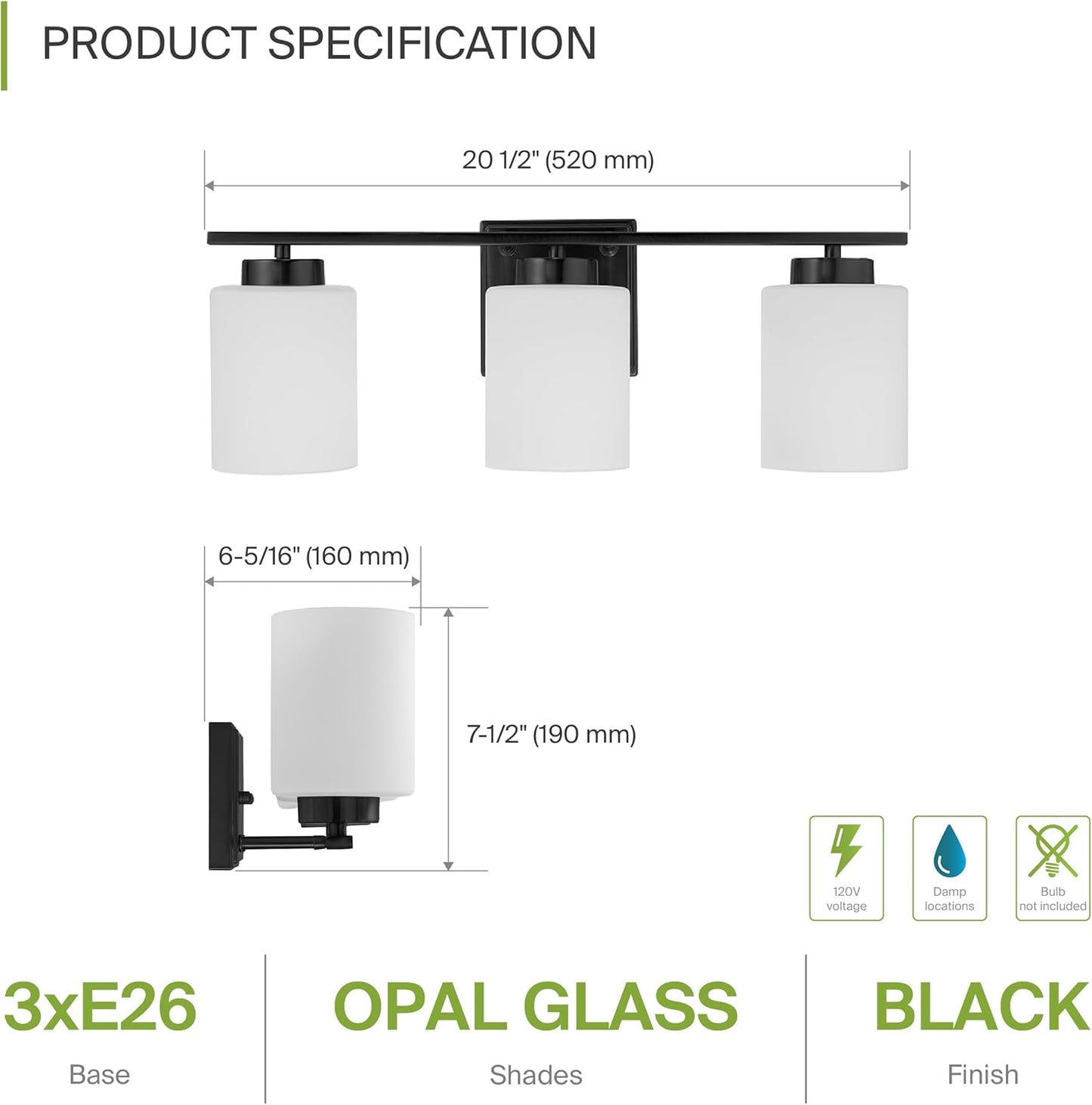 ASD Lighting 3-light Vanity Light 3xE26 60W 120V Black ETL