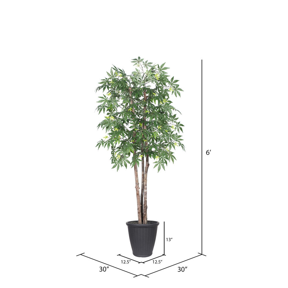 Vickerman 6' Artificial Japanese Maple Deluxe Tree Gray Round Plastic Container.