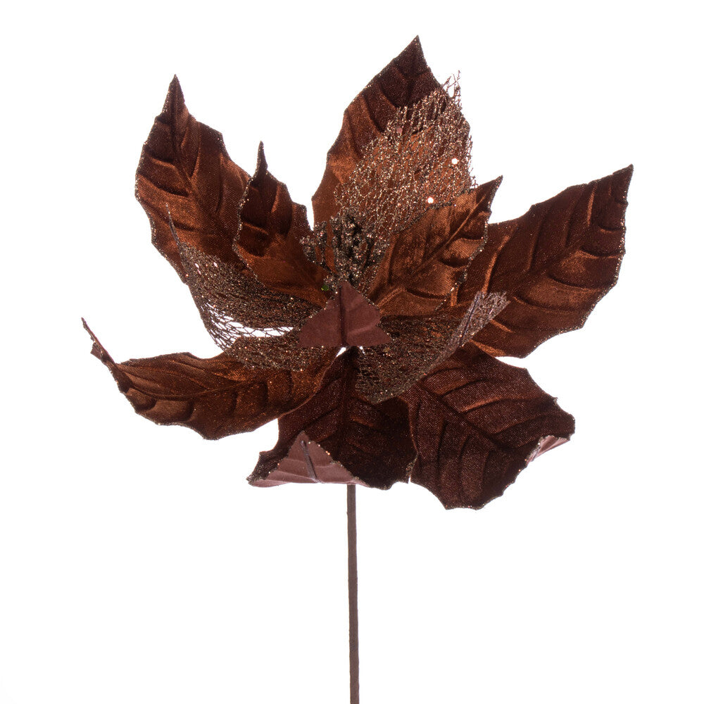 Vickerman 11" Mocha Velvet and Glitter Mesh Poinsettia Flower on Stem 6 per bag.