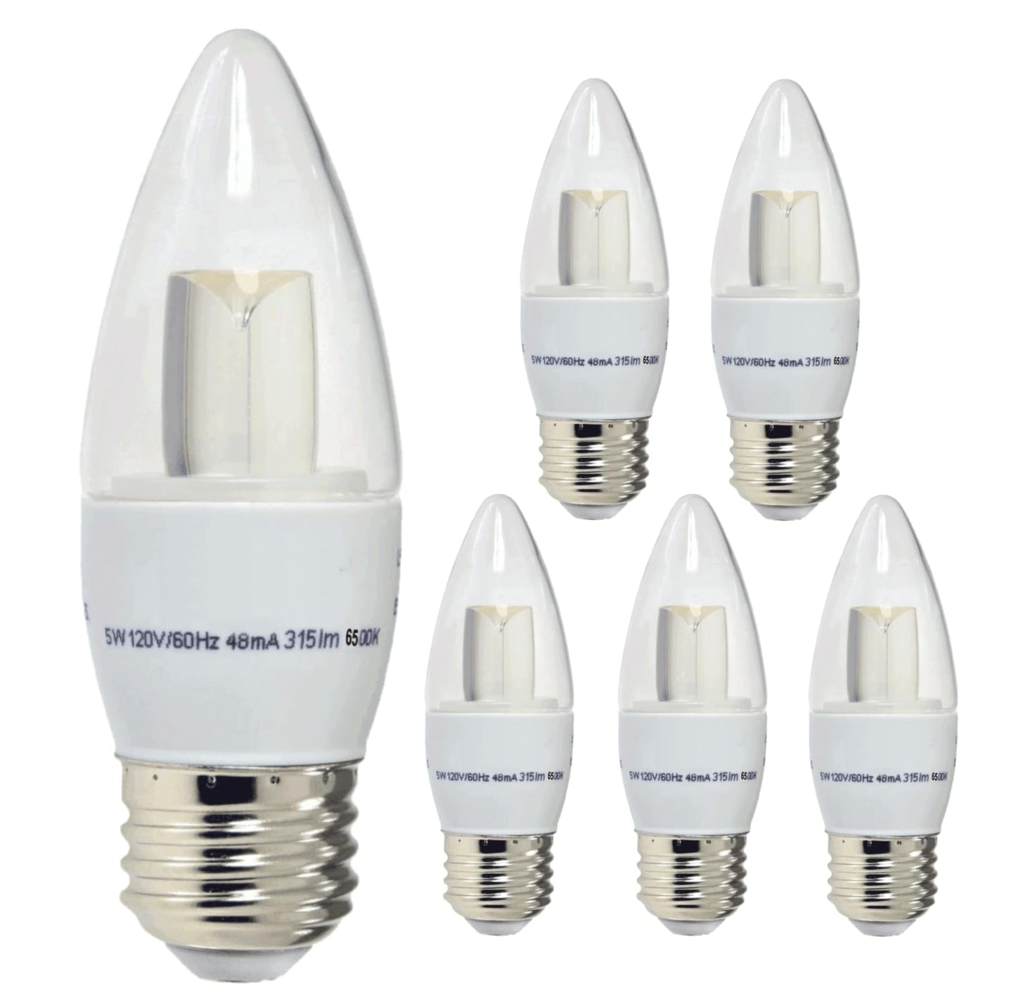 Damar- LED Chandelier Light Bulb B11 Decorative Clear Torpedo Tip 4.7W 315 Lumens E26 Medium Base 6500K Daylight Dimmable Pack of 6- Vintage Candelabra Candle Lamp for Ceiling Fan Bedroom Kitchen