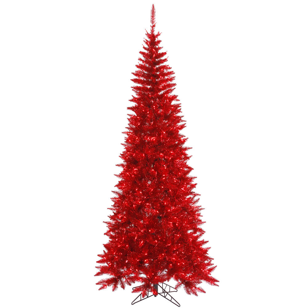Vickerman 5.5' Tinsel Red Fir Slim Artificial Christmas Tree Red Dura-lit LED Lights