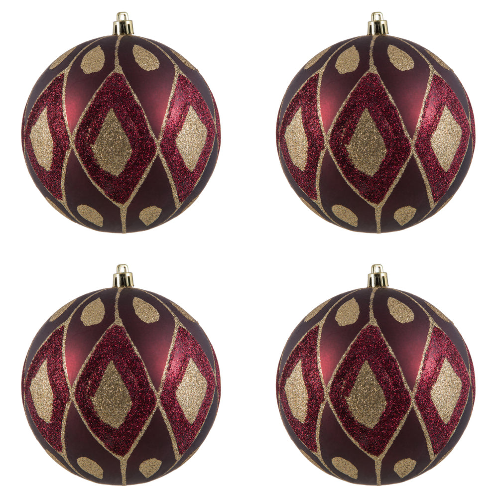 Vickerman 4.75" Wine Matte Ball with Glitter Diamond Pattern. Add variety and sparkle to your holiday arrangement with this matte ornament that features a glitter pattern. Includes 4 pieces per bag. Made with shatterproof plastic. Ornament has a drilled c