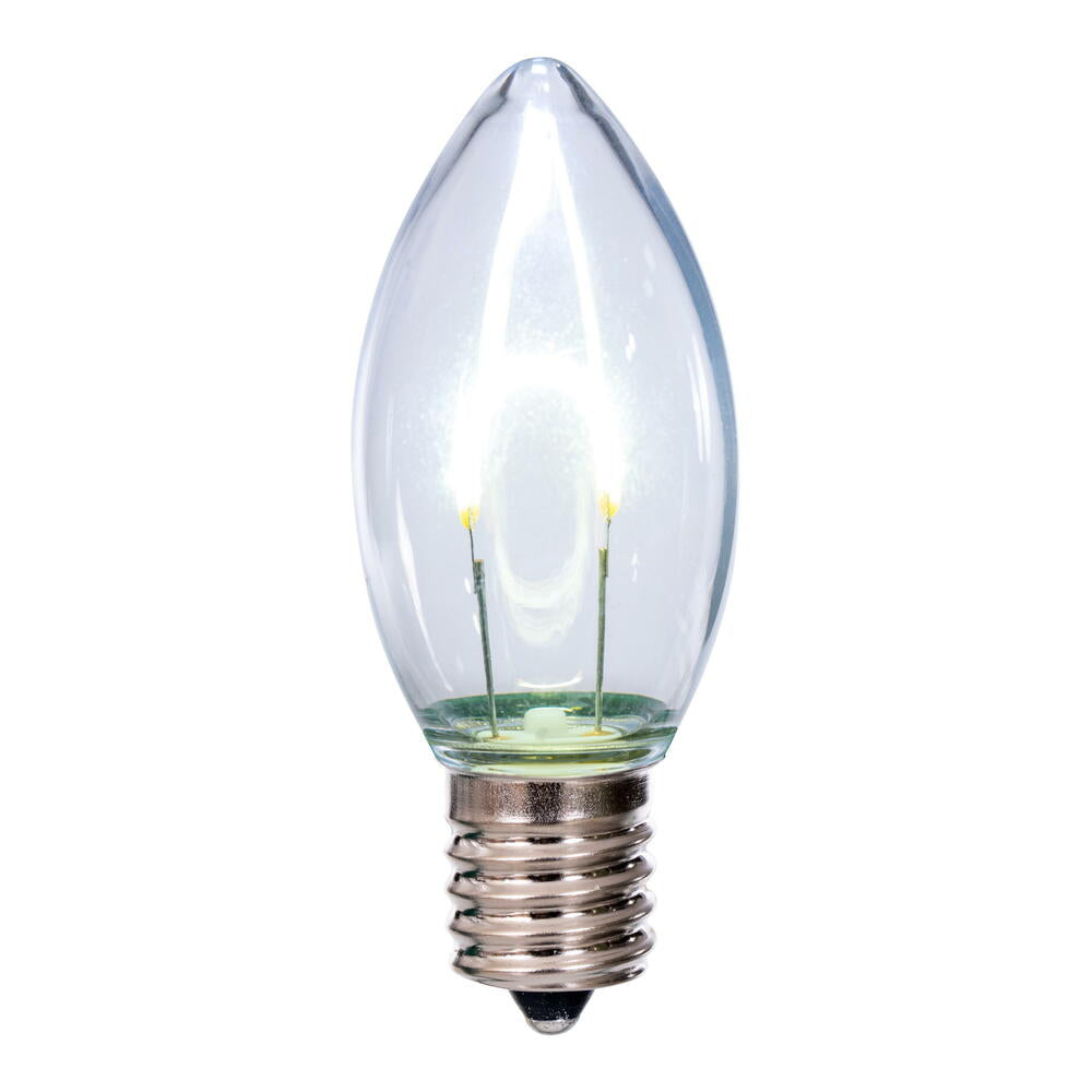 Vickerman C9 Transparent U-Shaped Filament Pure White Bulb, E17 Base, .6 Watts, 25 Pcs Assorted/Bag. Colors included are Blue, Red, Green, Purple and Amber.
