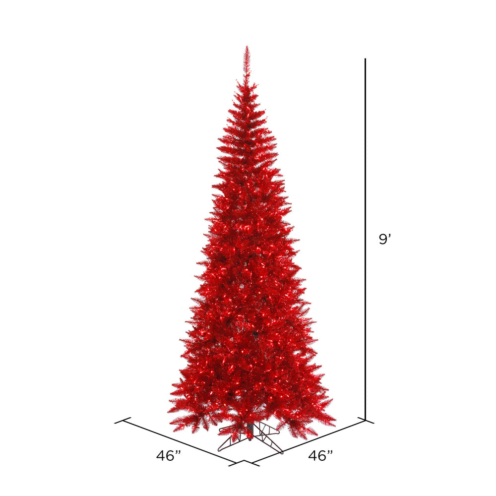 Vickerman 9' Tinsel Red Fir Slim Artificial Christmas Tree Red Dura-lit LED Lights