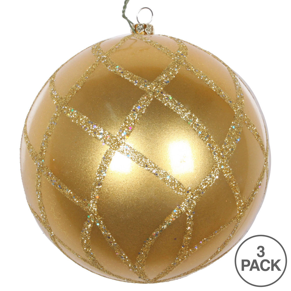 Vickerman 4.75" Gold Candy Finish Net Ball Ornament with Glitter Accents 3 per Bag