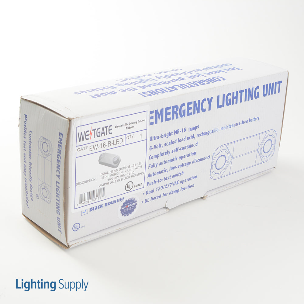 Westgate Thermoplastic Emergency Light, Black Housing W. Adj. MR16 Lamp Heads, 90 Min., 2X5.4W, 6V, Seal..., LED Exit & Emergency Lighting, 7W Per Head