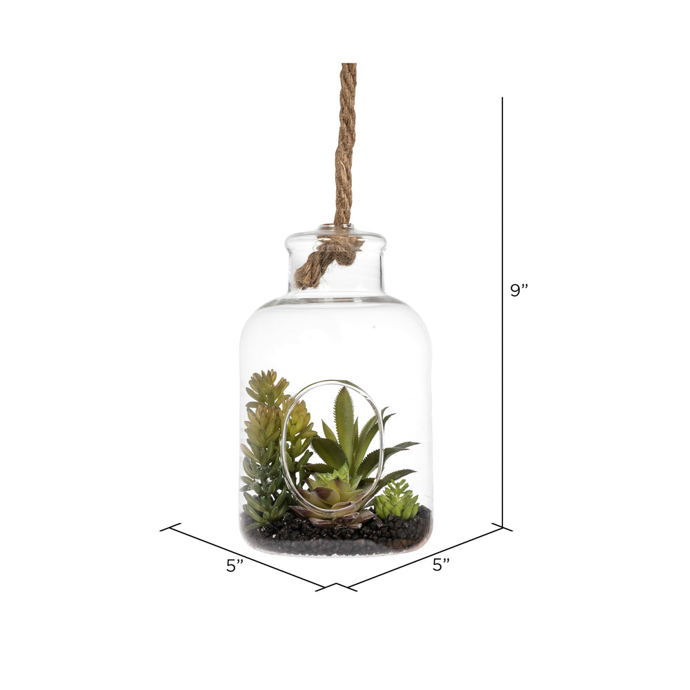 Vickerman 9" Artificial Green Assorted Succulents in Glass Jar.