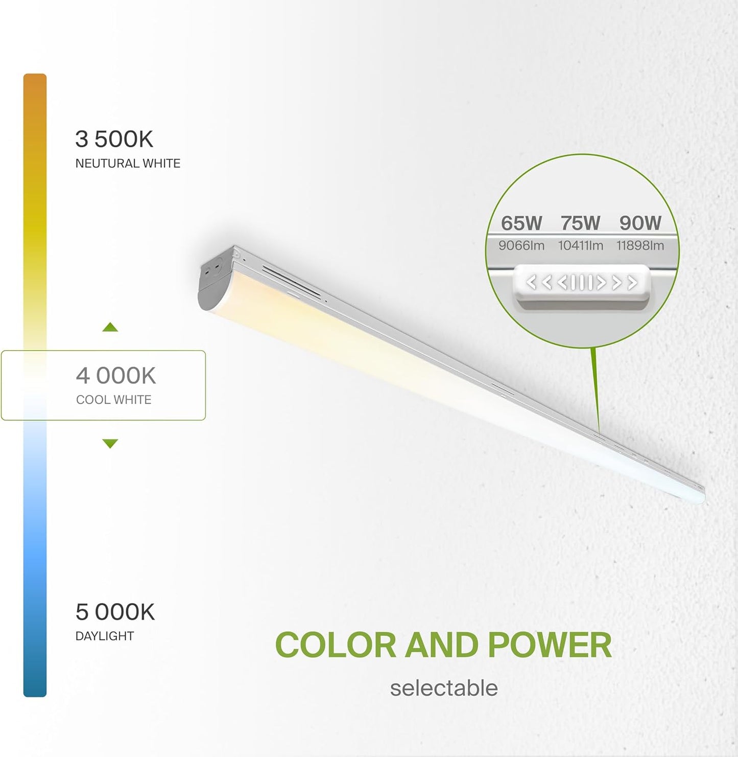 ASD Lighting LED Striplight Fixture with Q-base 8feet Power Adjustable 65/75/90W 120-277V CCT Selectable 3500/4000/5000K Dimmable White UL DLC Standard