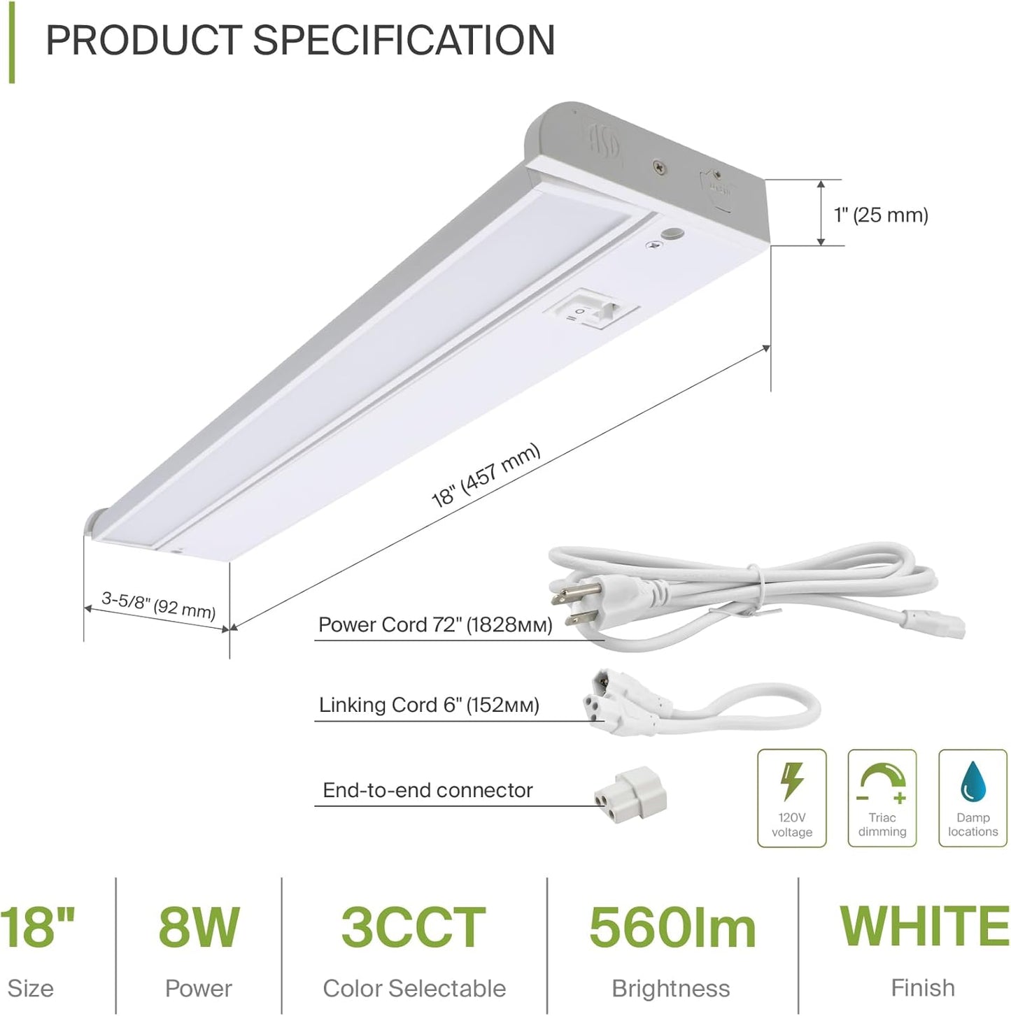 ASD Lighting LED Under Cabinet Swivel 18" 8W 120V Dimmable CCT Selectable 2700/3000/4000K Hardwired or Plug-in, Linkable, Hi/Low Switch, White UL
