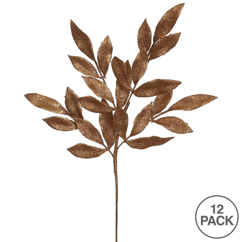Vickerman 22" Copper Glitter BayLeaf Artificial Spray. Includes 12 sprays per pack.