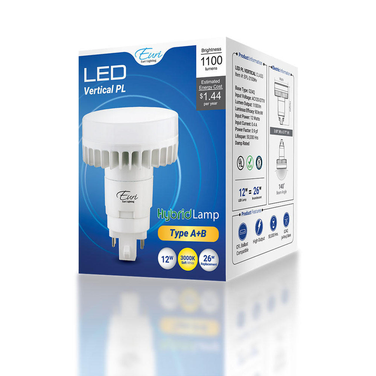 Euri Lighting EPL-2100HV Commercial LED 26-Watt Equivalent Vertical PL Lamp G24Q 4-Pin Hybrid Type A+B - 3000K