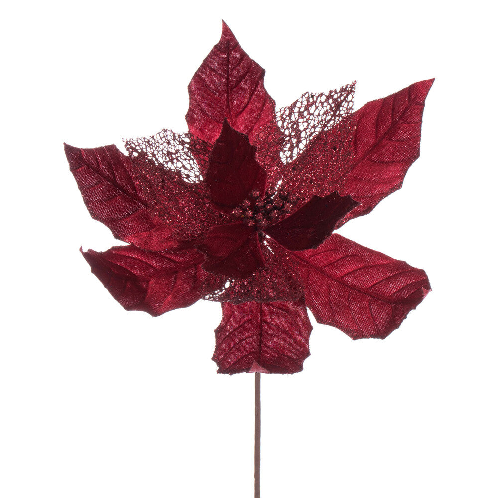 Vickerman 11" Burgundy Velvet and Glitter Mesh Poinsettia Flower on Stem 6 per bag.