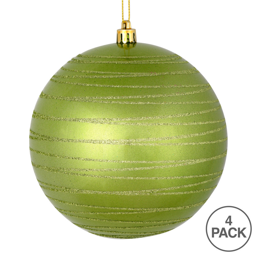 Vickerman 4" Celadon Candy Finish Ball Ornament with Glitter Lines 4 per Bag