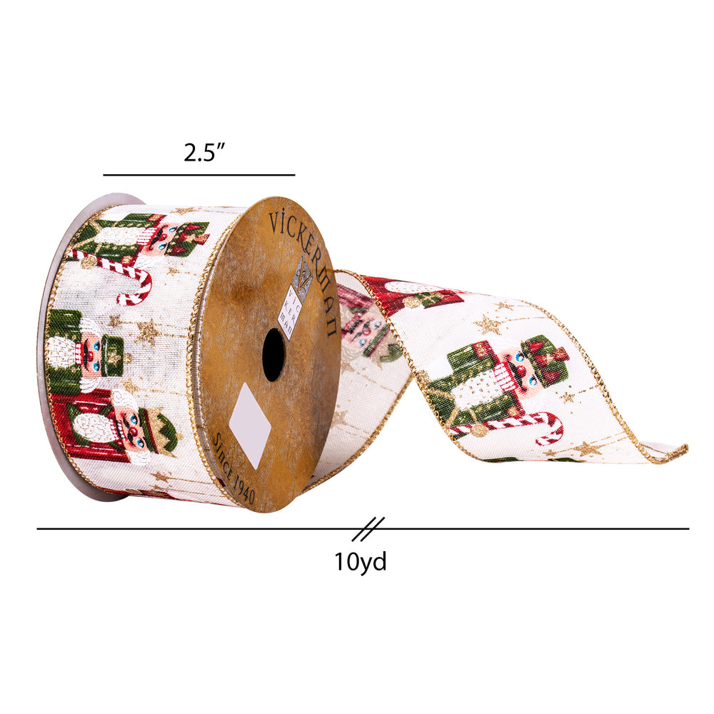 Vickerman 2.5" x 10 Yards Beige Green and Red Nutcracker Ribbon