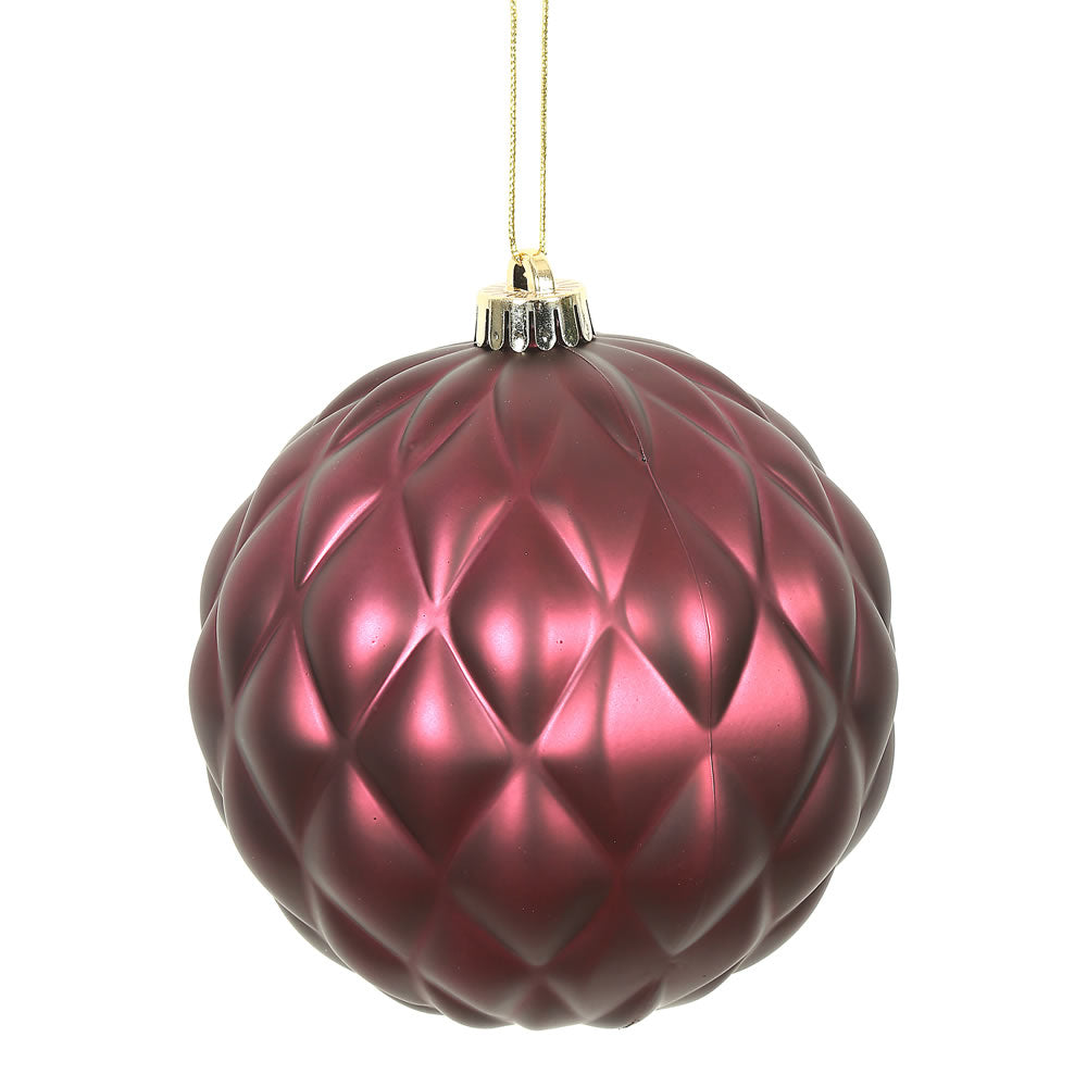Vickerman 6" Wine Matte Round Pine Cone Ornament with drilled and wired caps. Comes 4 per Bag.