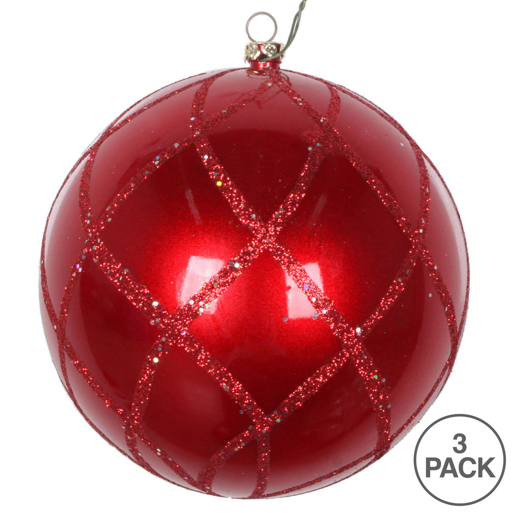 Vickerman 4.75" Red Candy Finish Net Ball Ornament with Glitter Accents 3 per Bag