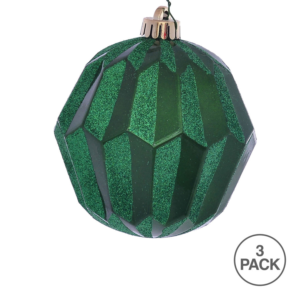 Vickerman 5" Green Glitter Faceted Ball Ornament 3 per Bag