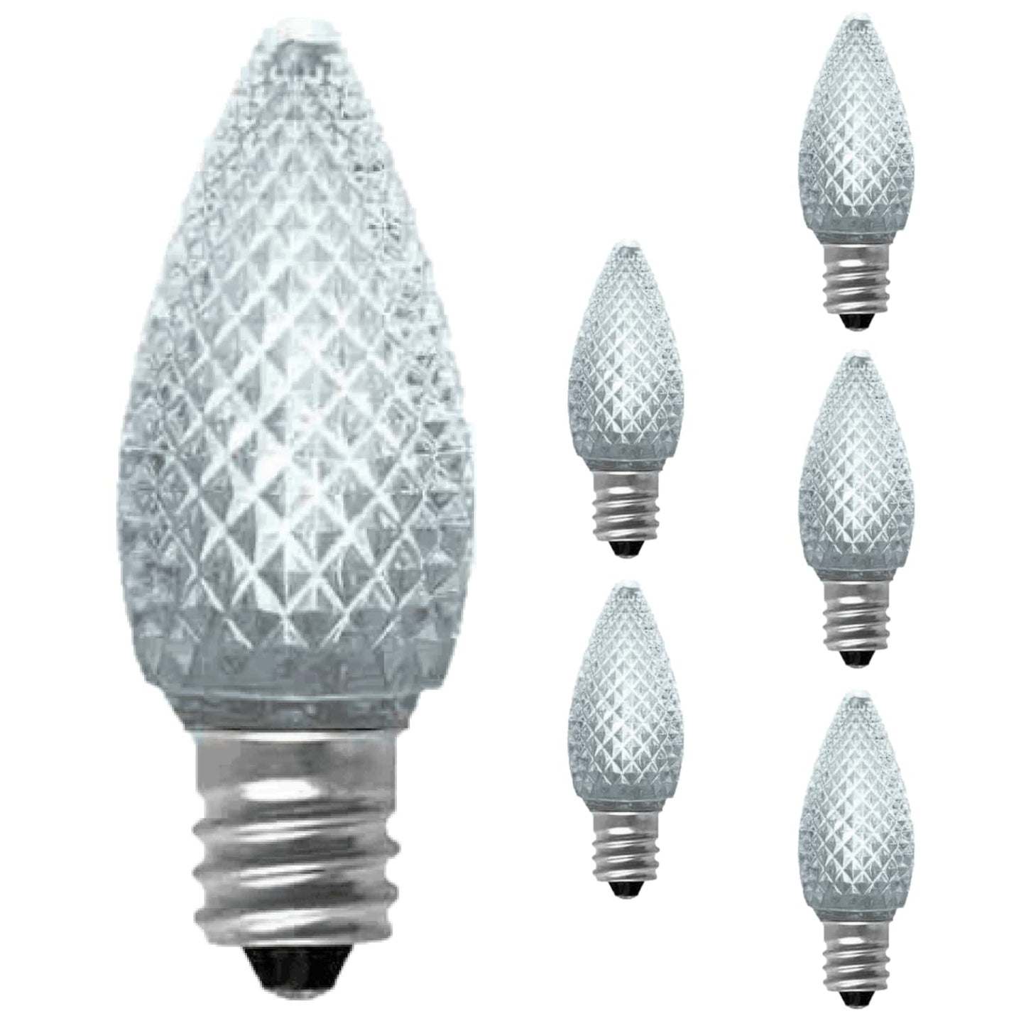 Damar- C7 LED Replacement Christmas Light Bulb Transparent Faceted 5000K Bright White E12 Candelabra Base 0.8W 100-130V Pack of 6- Shatterproof Clear String Light for Patio Holiday Party Decor