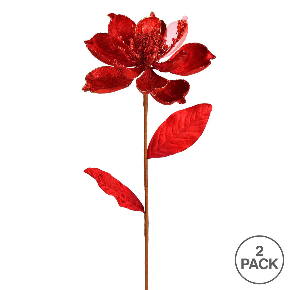 Vickerman 30" Red Glitter Magnolia Artificial Christmas Spray. Includes 2 sprays per pack.