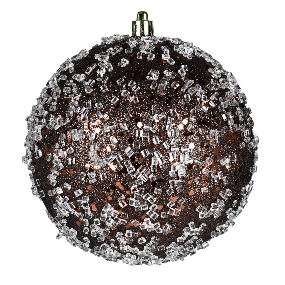 Vickerman 4" Chocolate Glitter Hail Ball Drilled Wired 6/Bag. These ornaments feature a drilled cap with looped wire to ensure that decorating is a breeze. They are made with plastic to reduce the likelihood of breaking when dropped. Includes 6 pieces per
