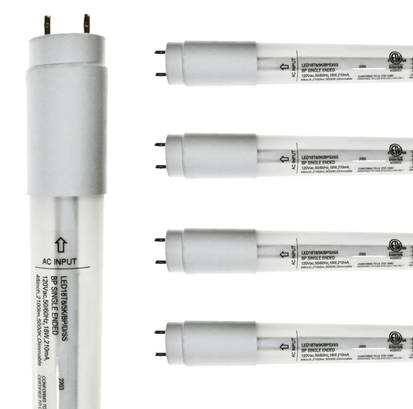 Damar- 4Ft T8 LED Tube Light Bulb Type B Single Ended Ballast Bypass Safety Shielded 18W 2100 Lumens 5000K Bright White Dimmable G13 Bi-Pin Base 120V ETL Listed Pack of 5- Fluorescent Replacement