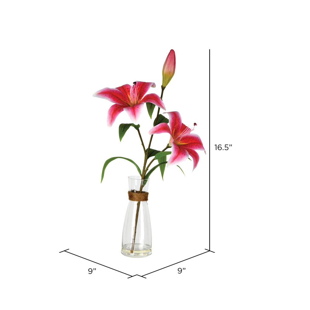 Vickerman 16.5" Artificial Pink Lily in Glass.